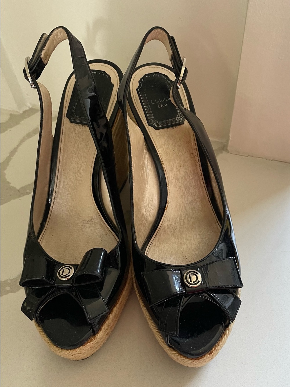 Dior Black Patent Leather Bow Wedge Espadrille - Picture 1 of 7